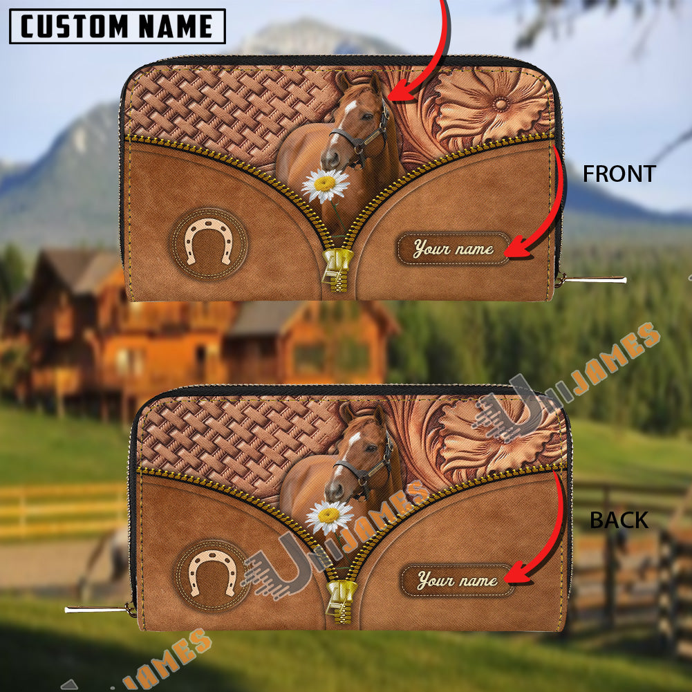 Thoroughbred Center Zip Pattern Custom Name 3D Leather Clutch