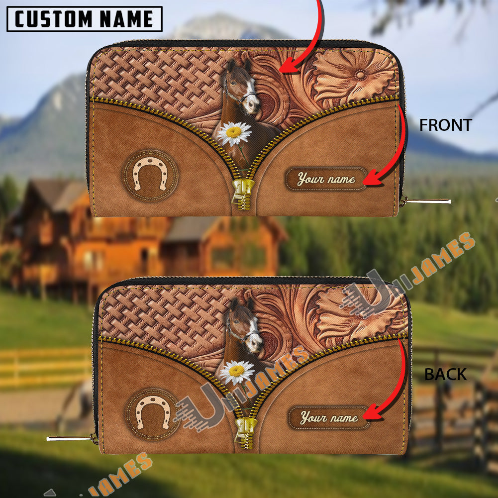 Warmblood Center Zip Pattern Custom Name 3D Leather Clutch
