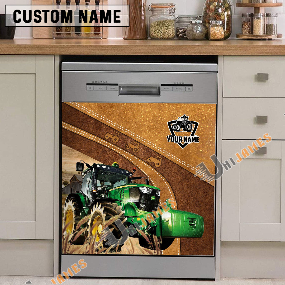Red Tractor Brown Custom Name Dishwasher Door Cover