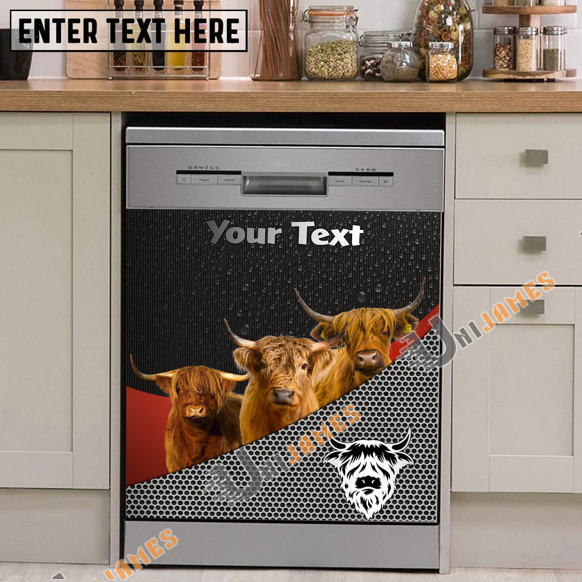 Highland Cattle Metal Pattern Custom Name Dishwasher Door Cover
