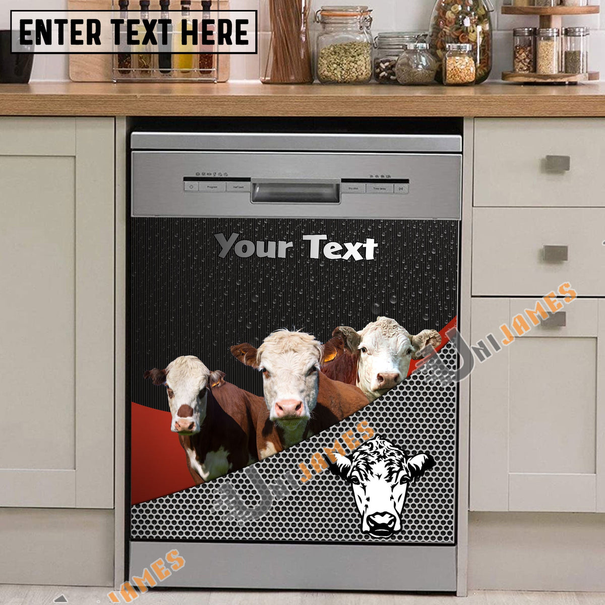 Hereford Cattle Metal Pattern Custom Name Dishwasher Door Cover