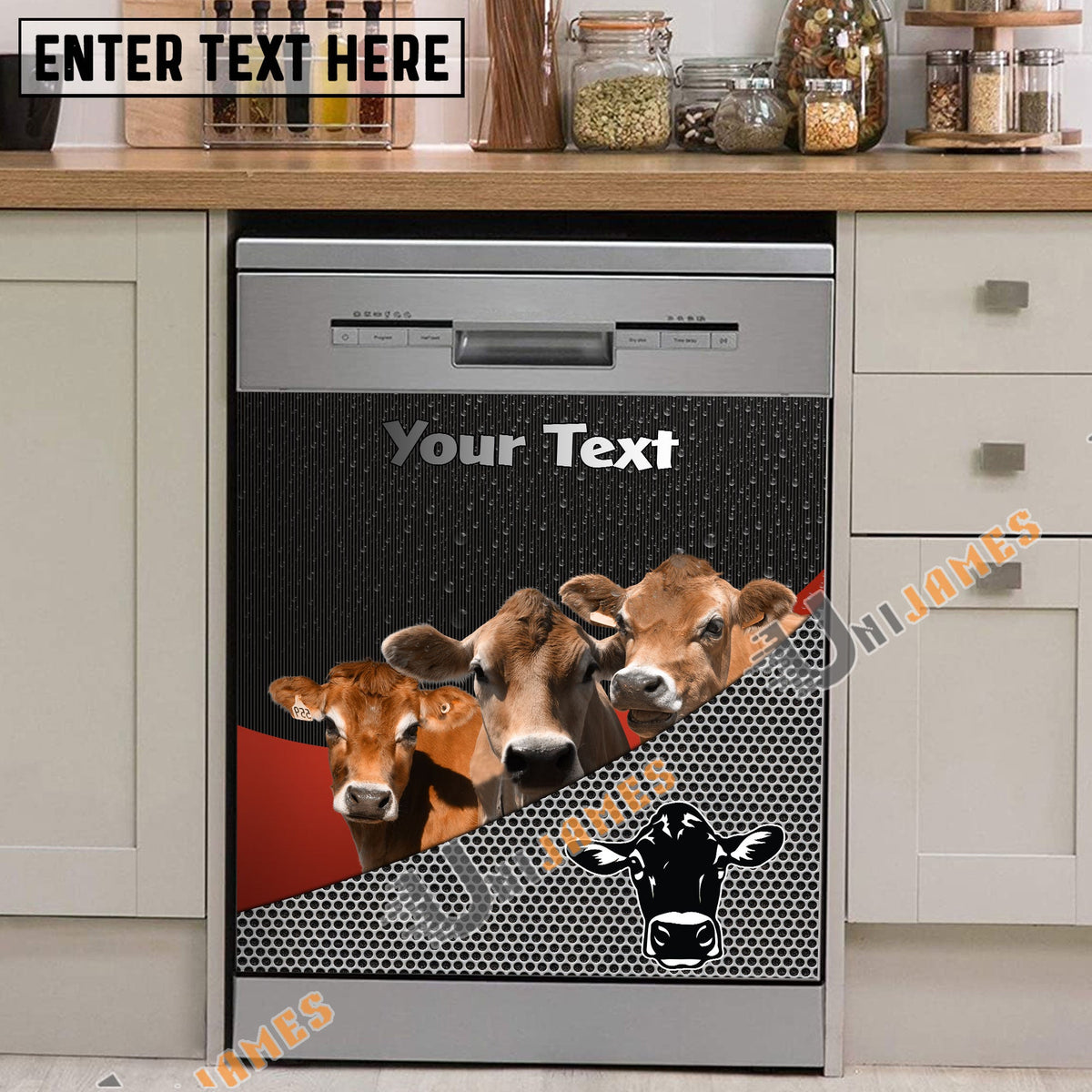 Jersey Cattle Metal Pattern Custom Name Dishwasher Door Cover