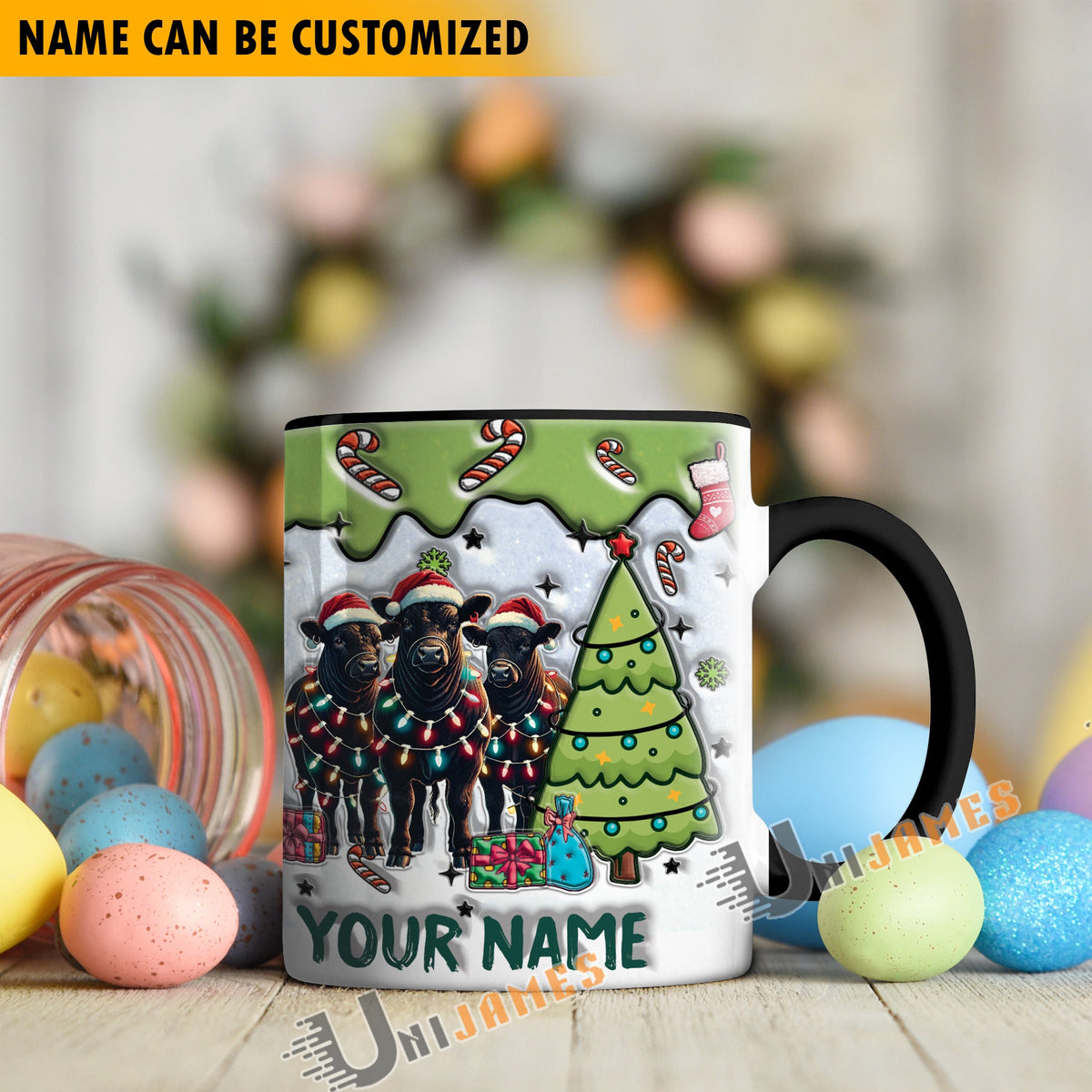 Black Angus Christmas Personalized Name Two Tone Mug