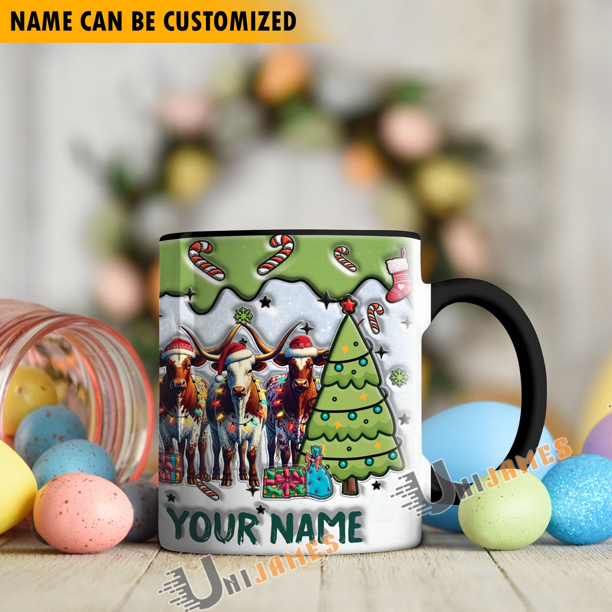 Texas Longhorn Christmas Personalized Name Two Tone Mug