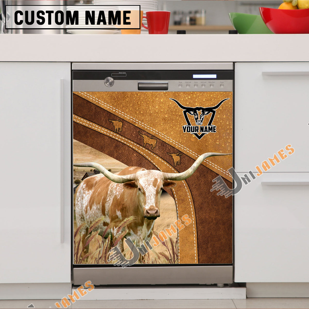 Texas Longhorn Brown Custom Name Dishwasher Door Cover