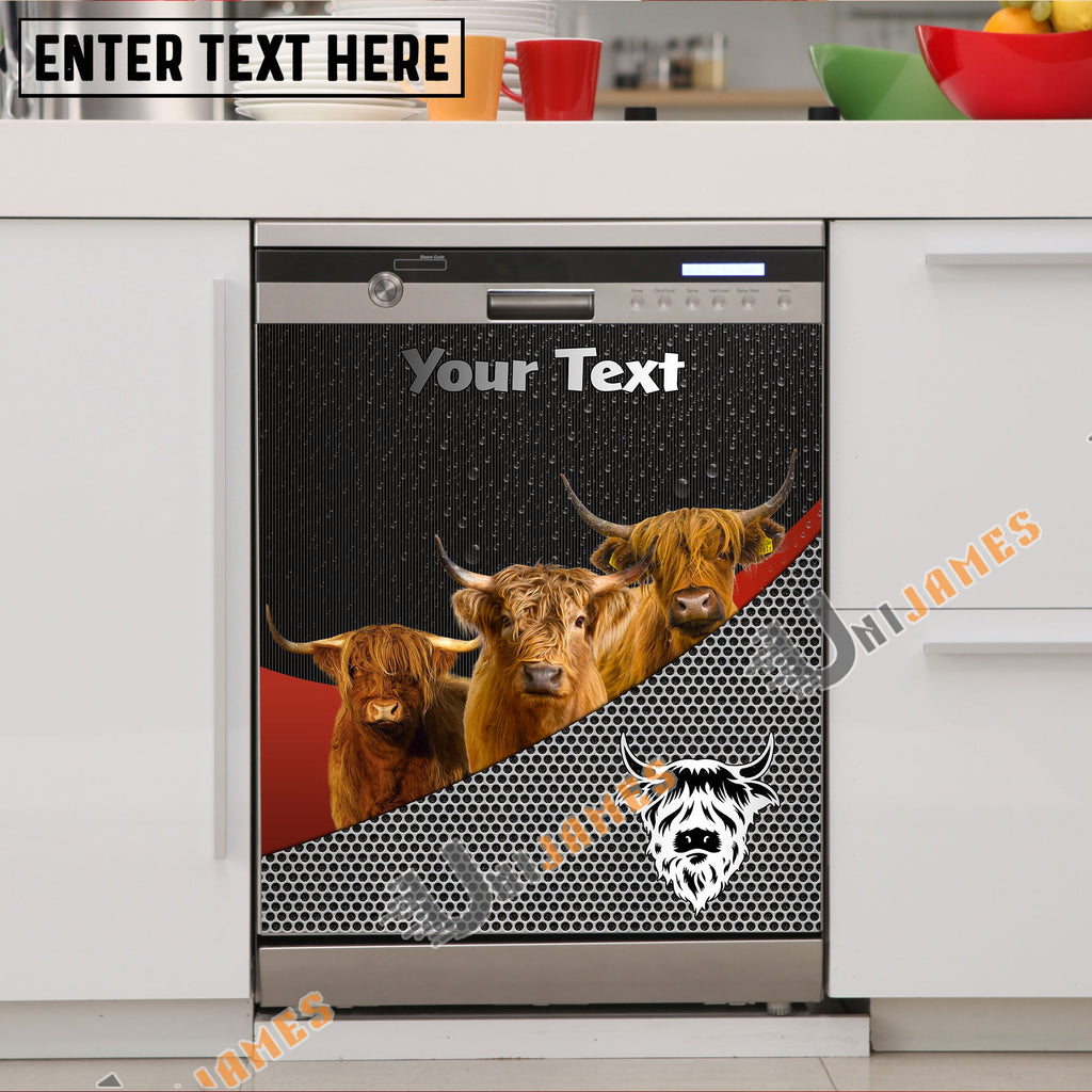 Highland Cattle Metal Pattern Custom Name Dishwasher Door Cover
