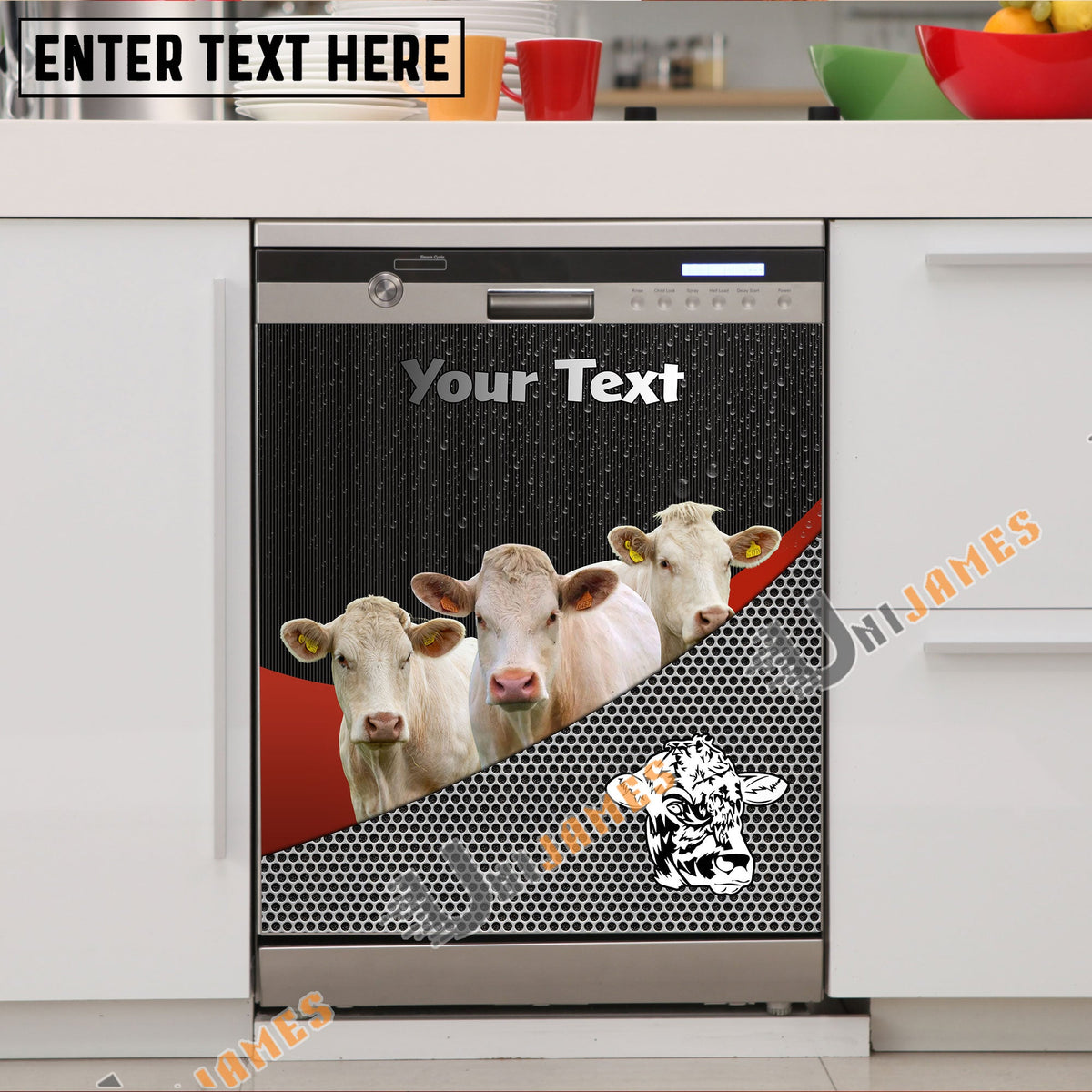 Charolais Cattle Metal Pattern Custom Name Dishwasher Door Cover