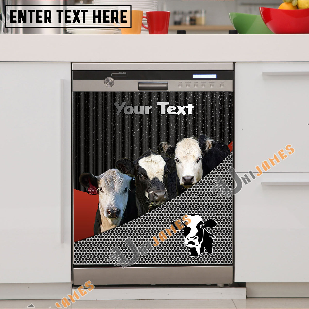Black Baldy Cattle Metal Pattern Custom Name Dishwasher Door Cover