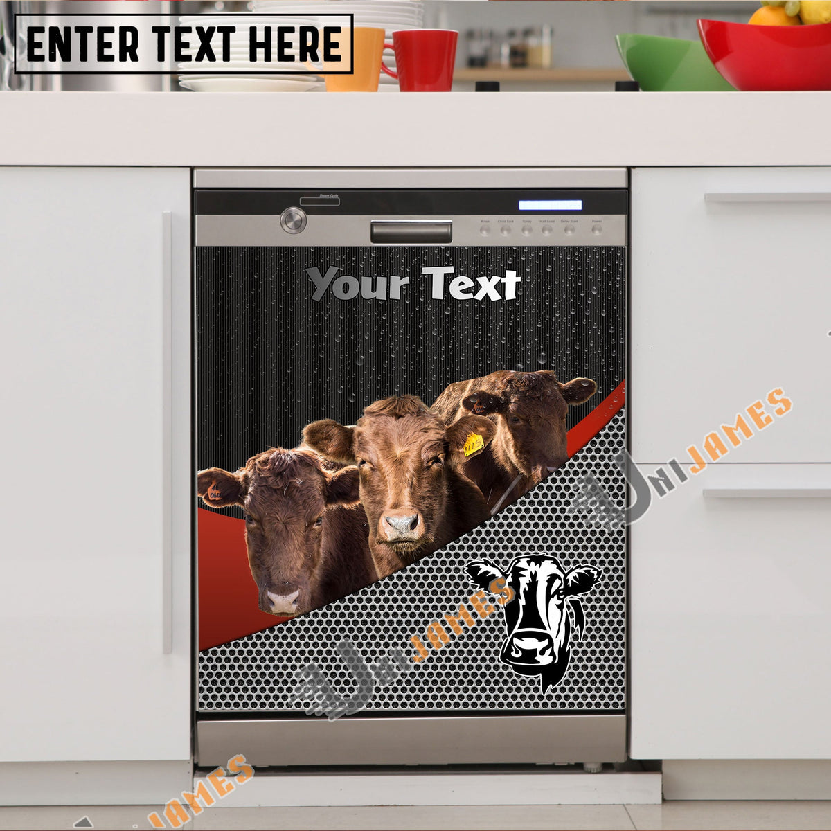 Dexter Cattle Metal Pattern Custom Name Dishwasher Door Cover