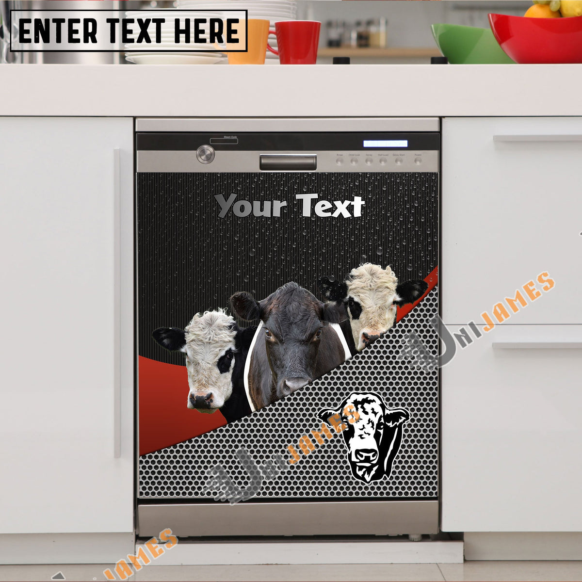 Belted Galloway Cattle Metal Pattern Custom Name Dishwasher Door Cover