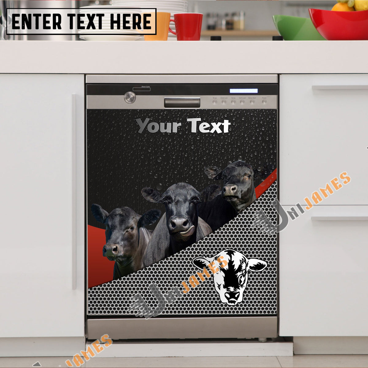Black Angus Cattle Metal Pattern Custom Name Dishwasher Door Cover