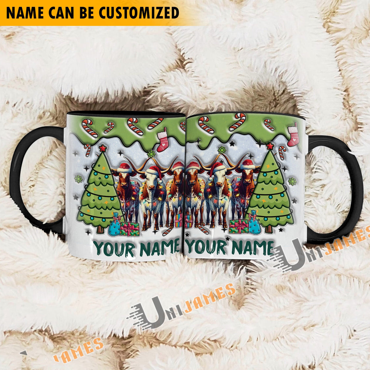 Texas Longhorn Christmas Personalized Name Two Tone Mug