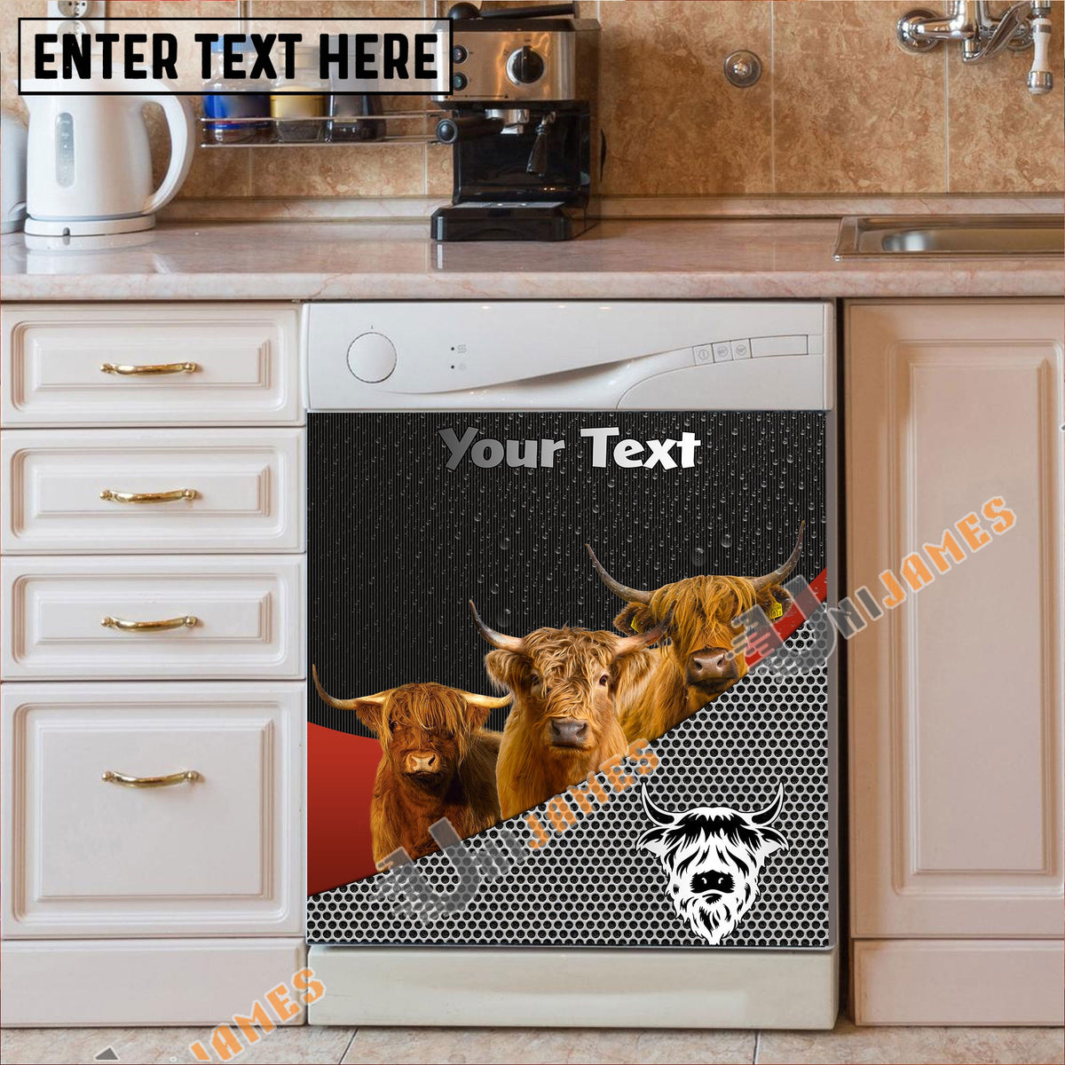 Highland Cattle Metal Pattern Custom Name Dishwasher Door Cover