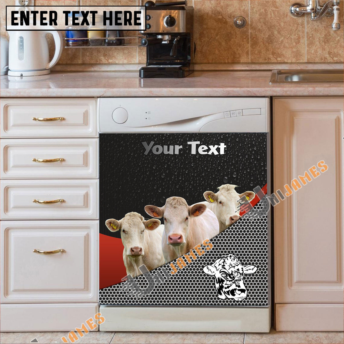 Charolais Cattle Metal Pattern Custom Name Dishwasher Door Cover