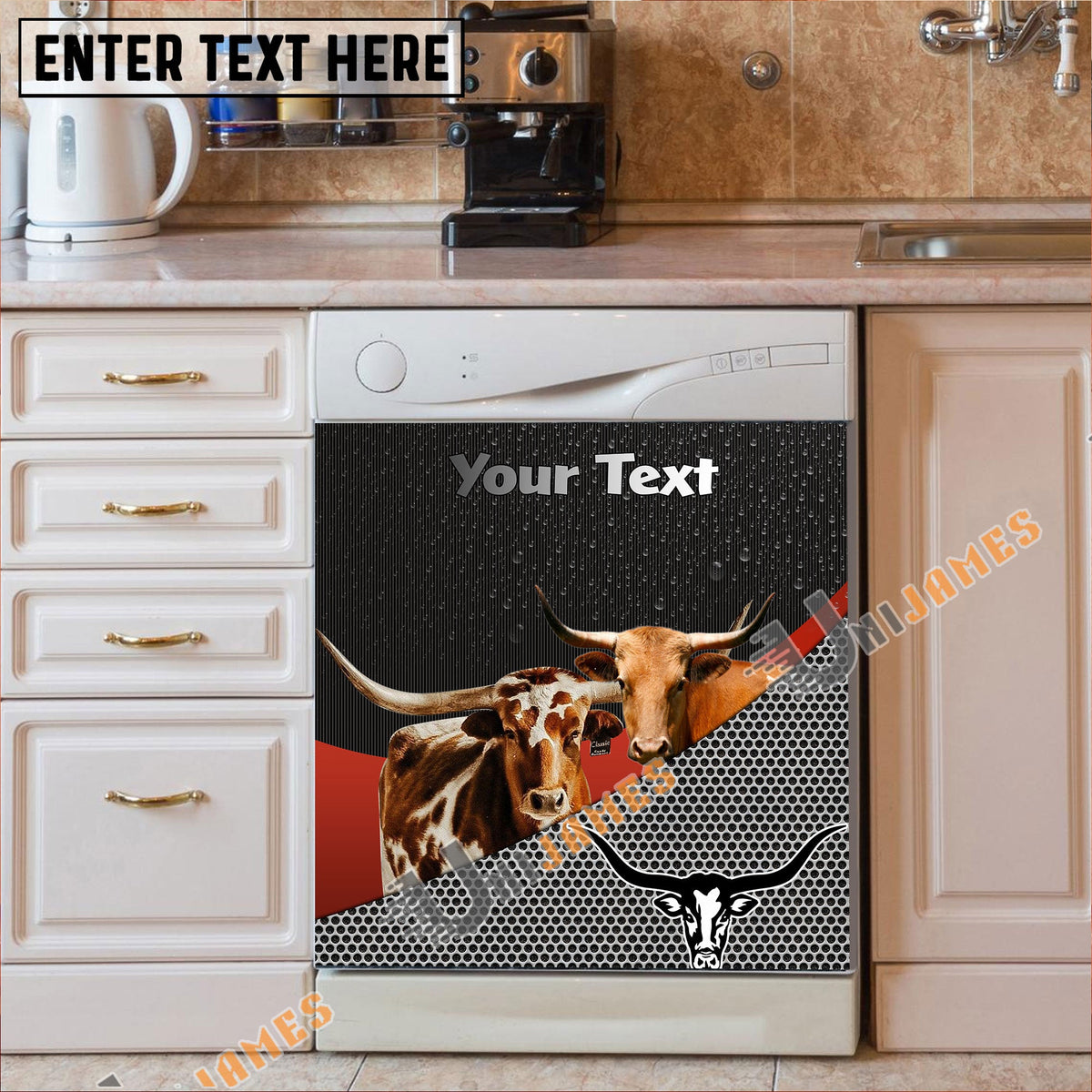 Texas Longhorn Cattle Metal Pattern Custom Name Dishwasher Door Cover