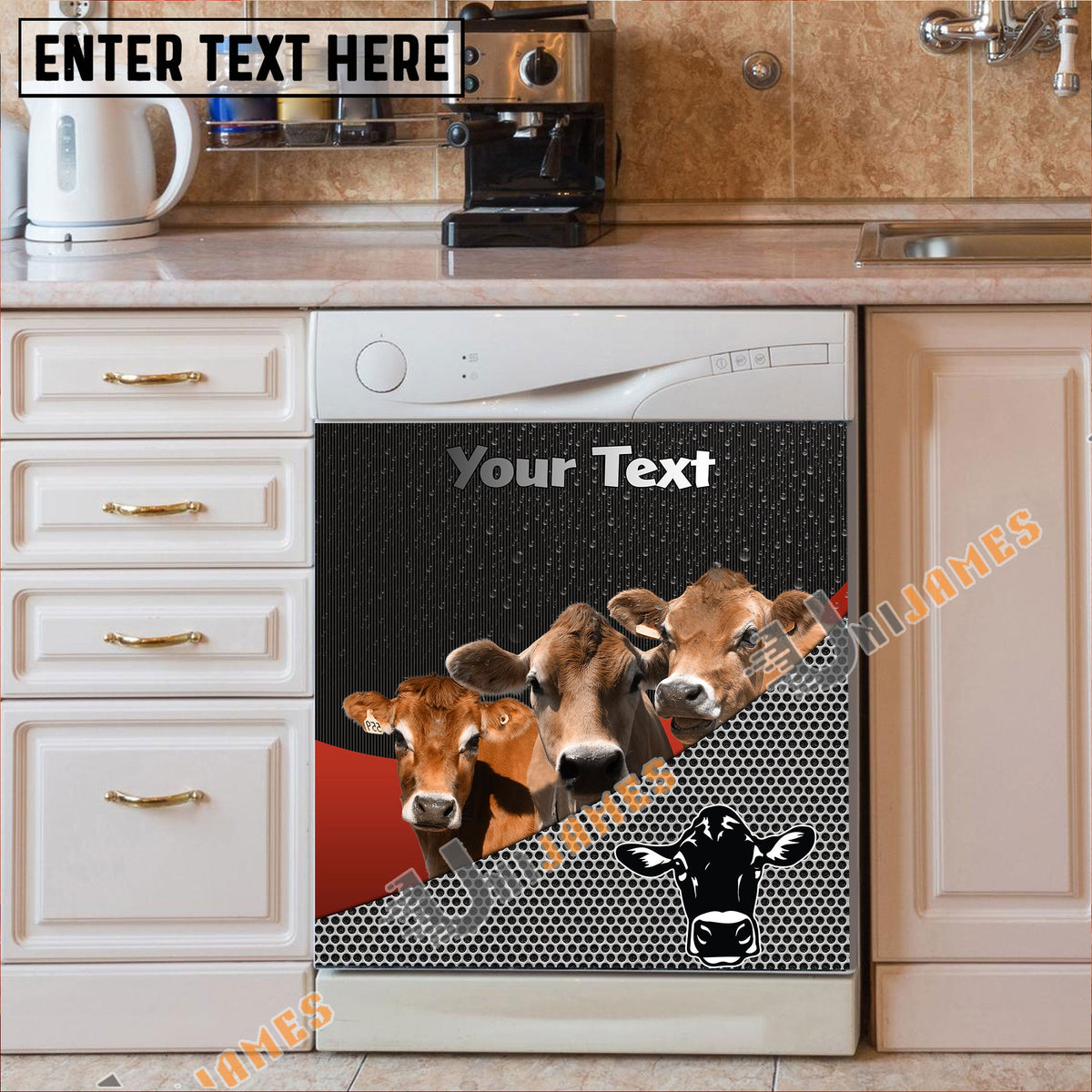 Jersey Cattle Metal Pattern Custom Name Dishwasher Door Cover