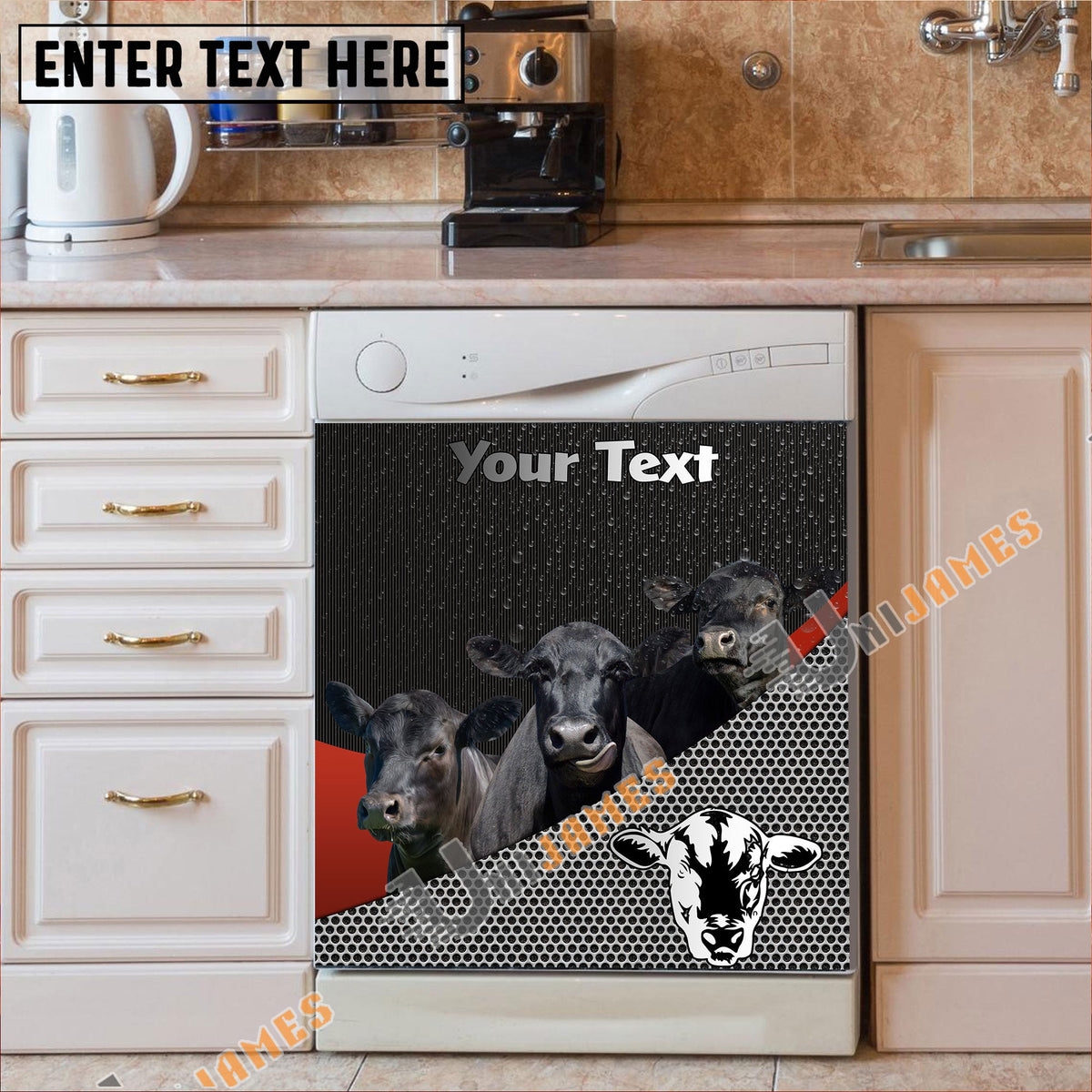 Black Angus Cattle Metal Pattern Custom Name Dishwasher Door Cover