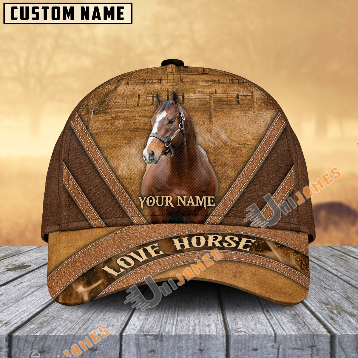 Thoroughbred Horse Brown Leather Pattern Personalized Name Cap