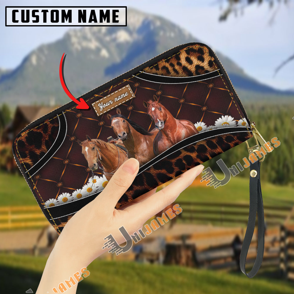 American Quarter Horse Happiness Sunflower Custom Name 3D Leather Clutch