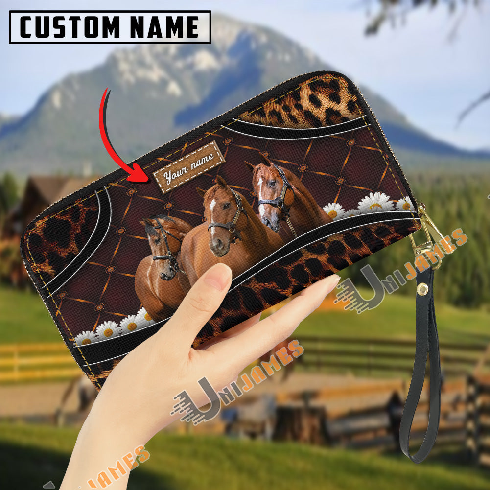 Thoroughbred Happiness Sunflower Custom Name 3D Leather Clutch