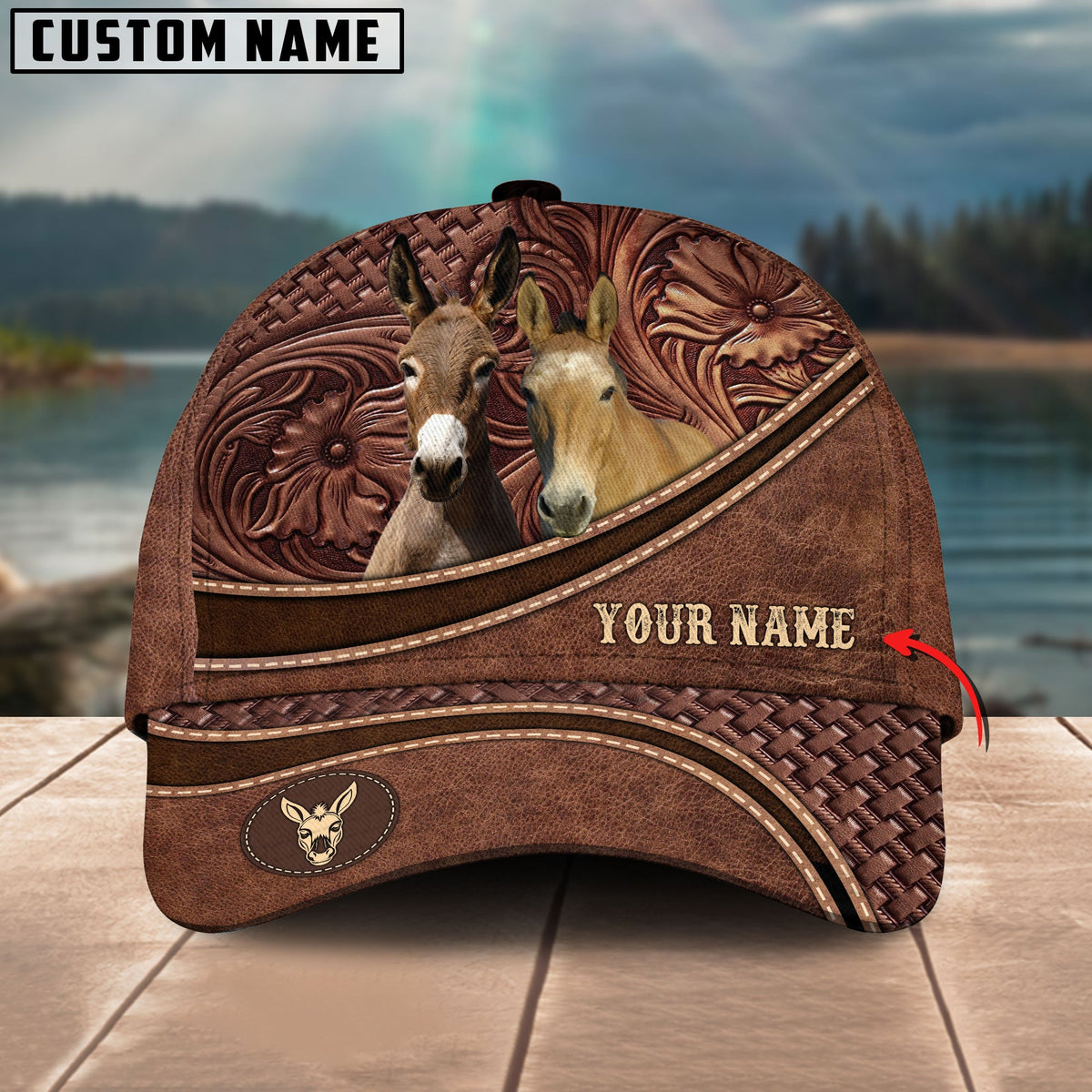 Mule Brown Carving Leather Pattern Personalized Name Cap
