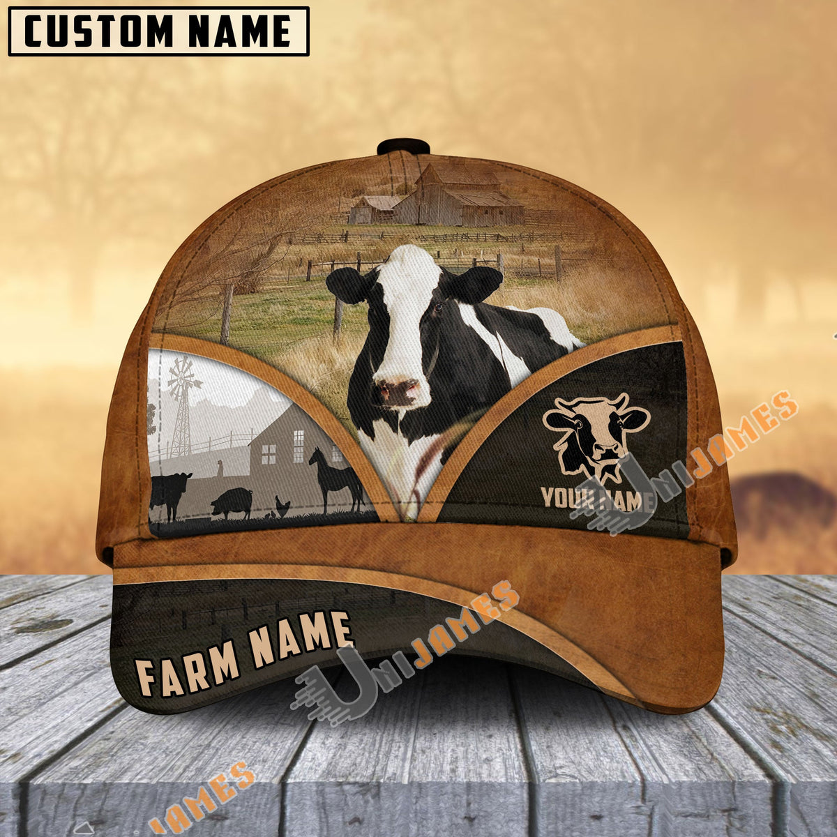 Holstein Farm Country Customized Name Brown Leather Pattern Cap