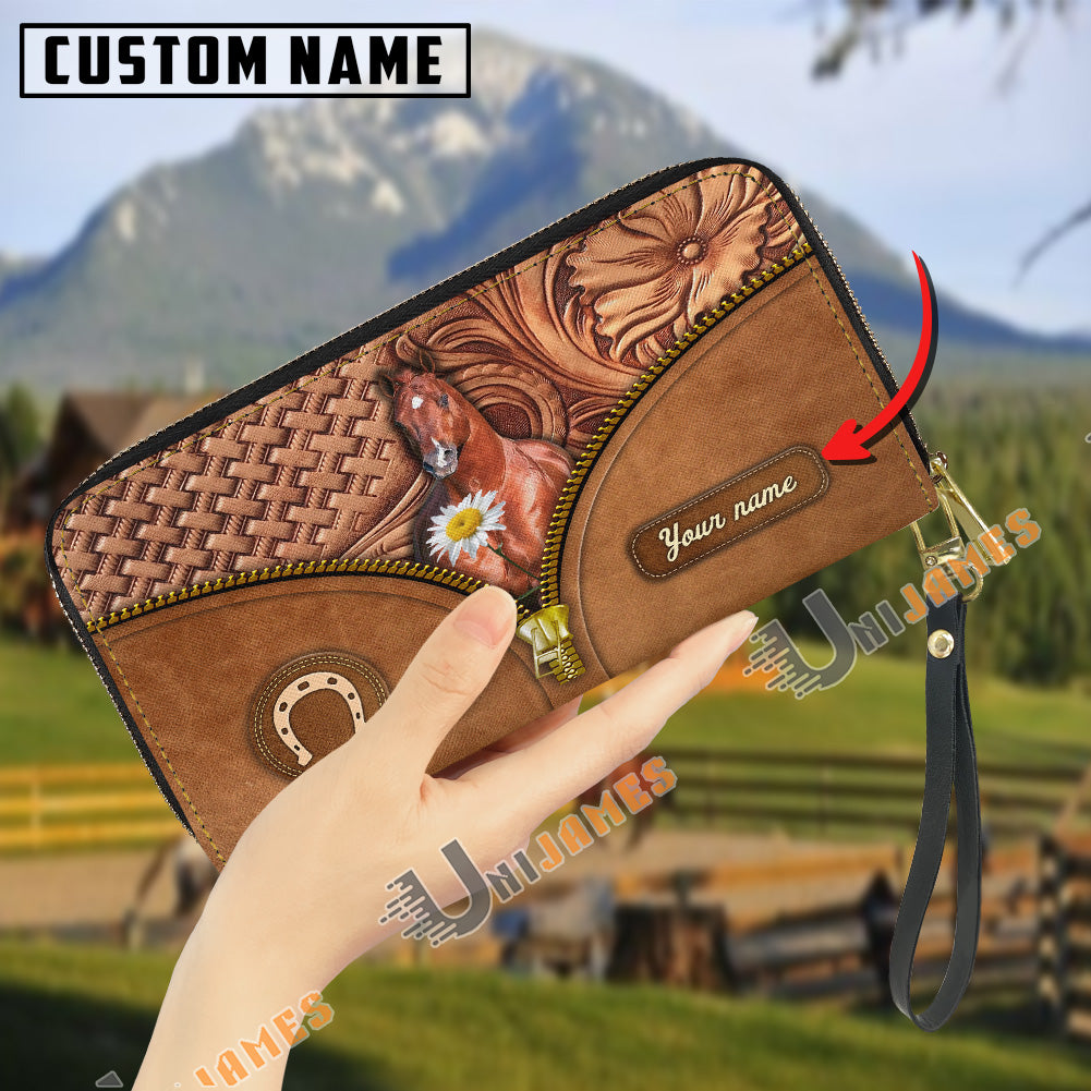 American Quarter Horse Center Zip Pattern Custom Name 3D Leather Clutch