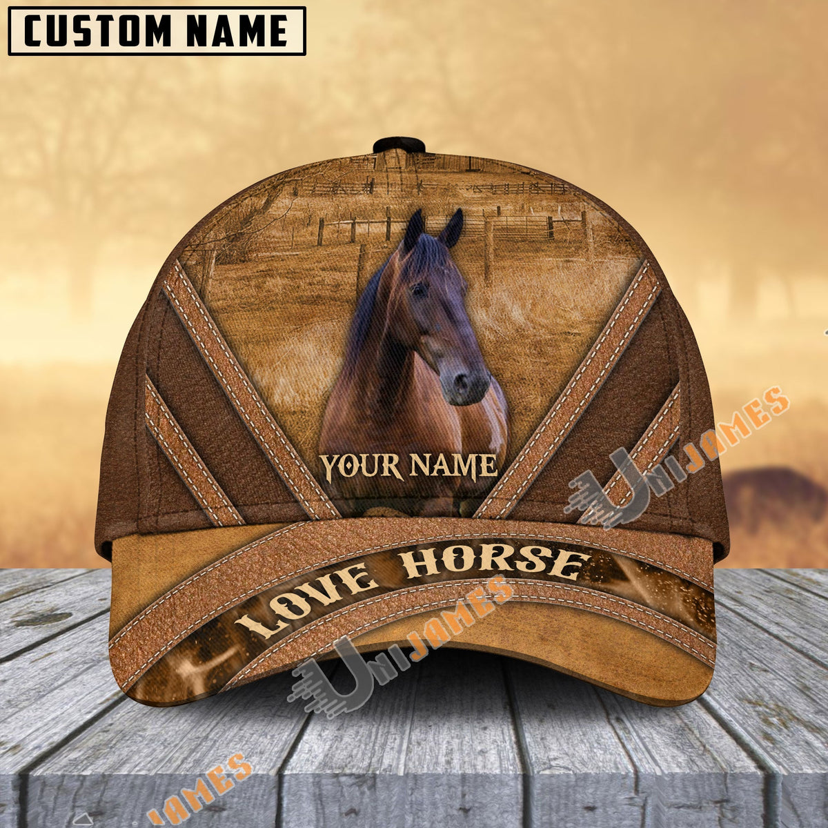 Standardbred Horse Brown Leather Pattern Personalized Name Cap