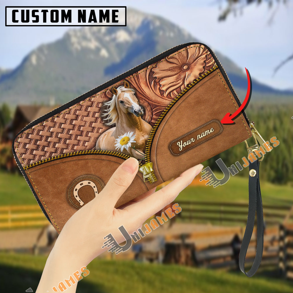 Palomino Center Zip Pattern Custom Name 3D Leather Clutch