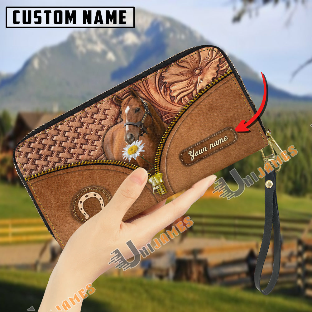 Thoroughbred Center Zip Pattern Custom Name 3D Leather Clutch