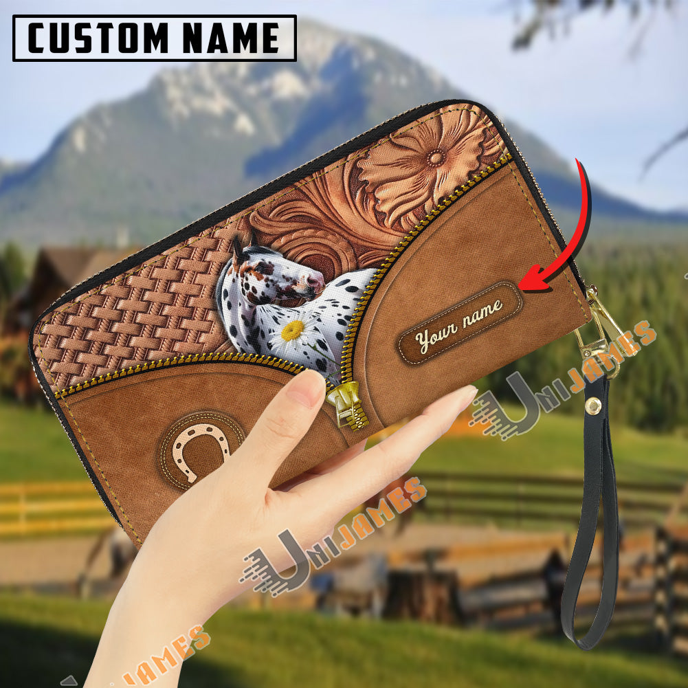 Appaloosa Center Zip Pattern Custom Name 3D Leather Clutch