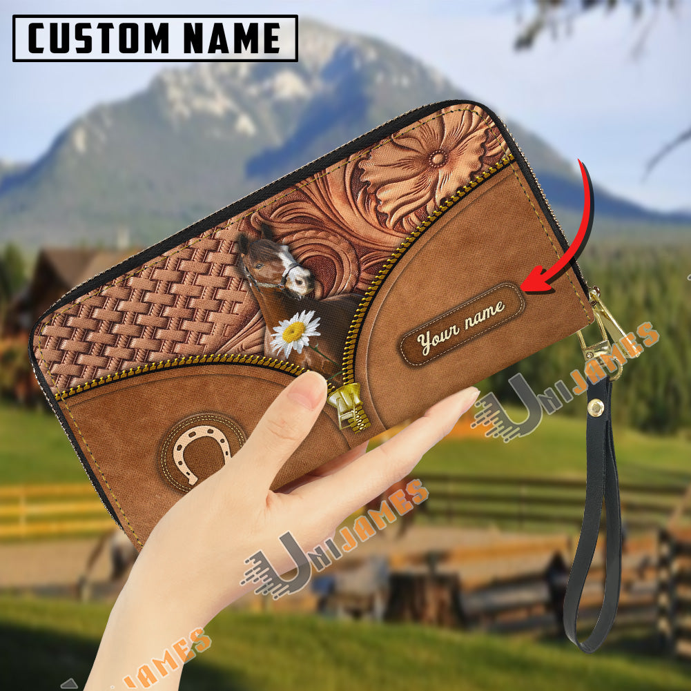 Warmblood Center Zip Pattern Custom Name 3D Leather Clutch