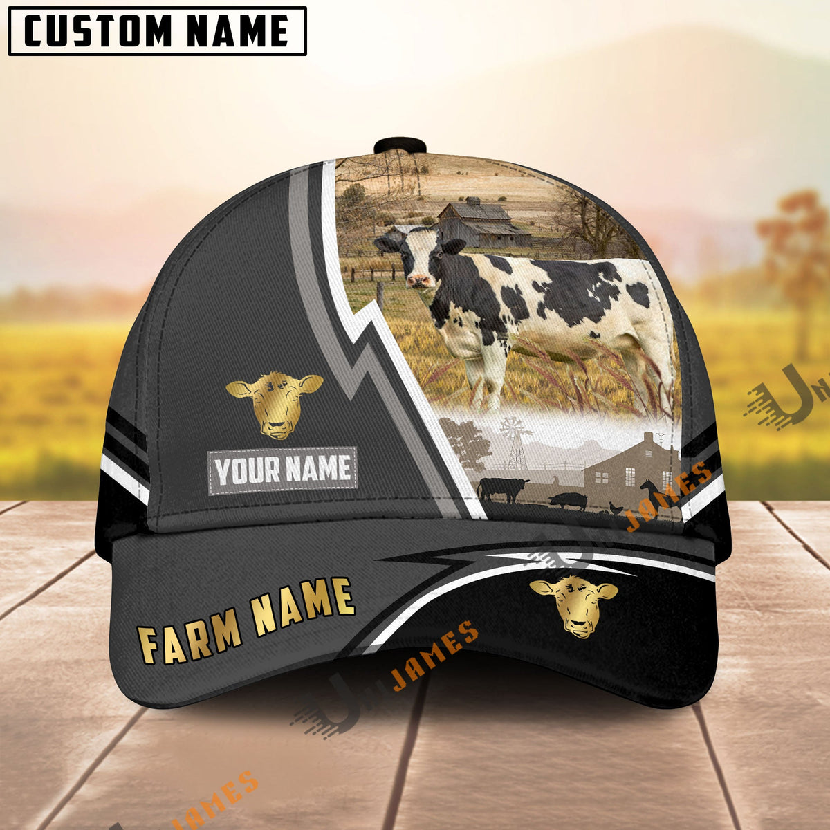Holstein Black White Country Customized Name Brown Leather Pattern Cap