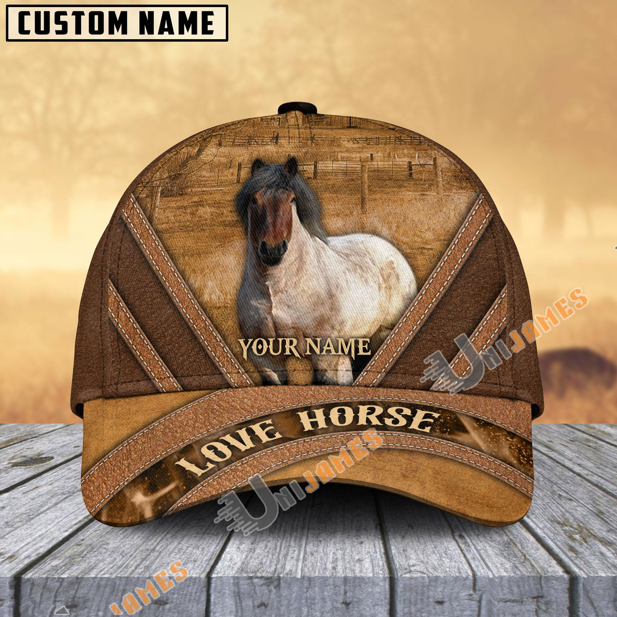 Draft Horse Brown Leather Pattern Personalized Name Cap