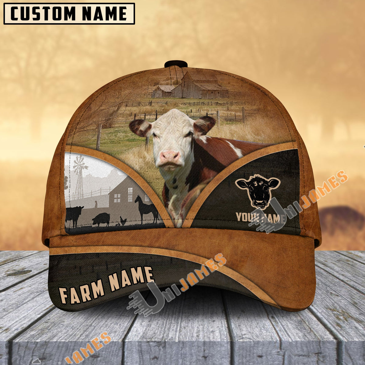 Hereford Farm Country Customized Name Brown Leather Pattern Cap