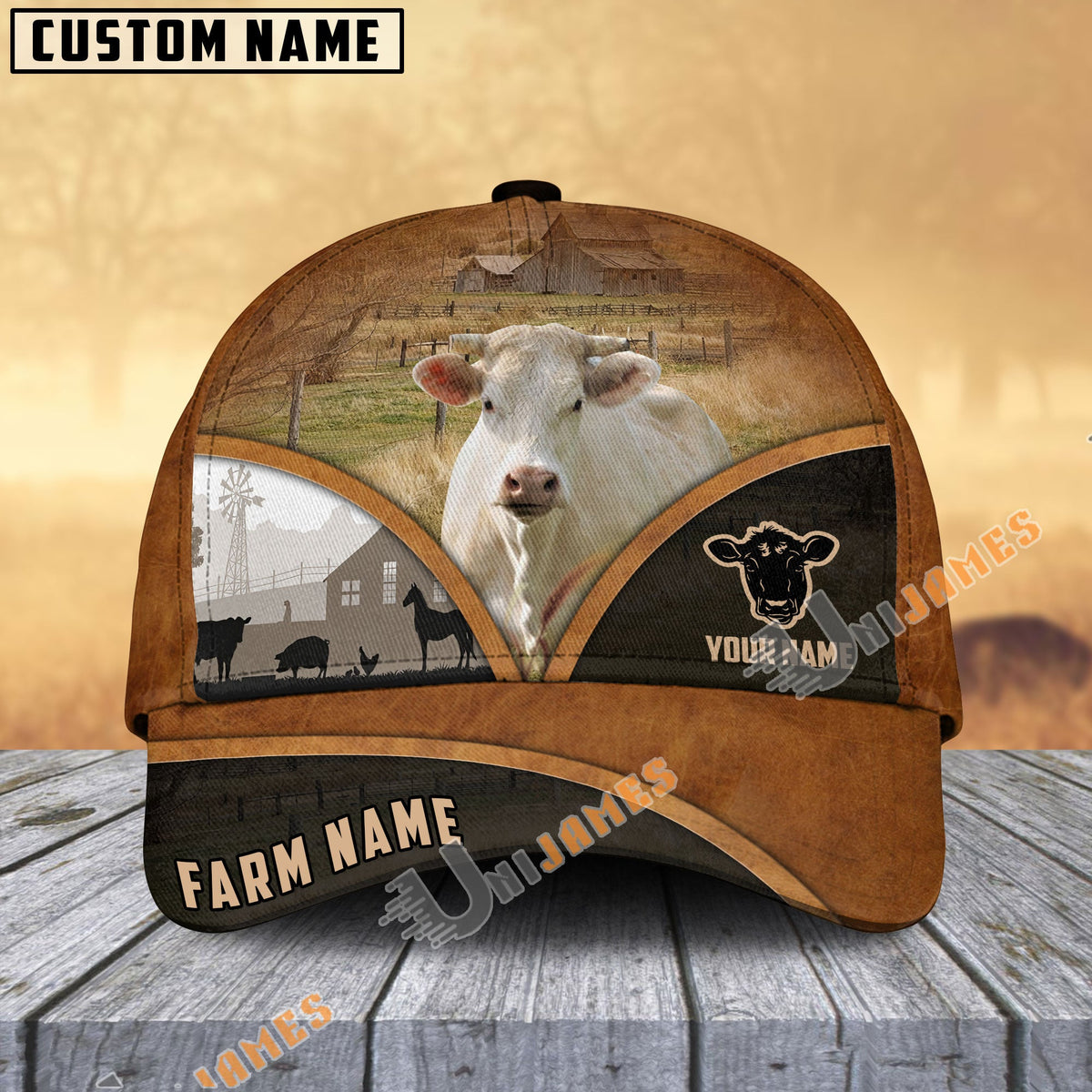 Charolais Farm Country Customized Name Brown Leather Pattern Cap