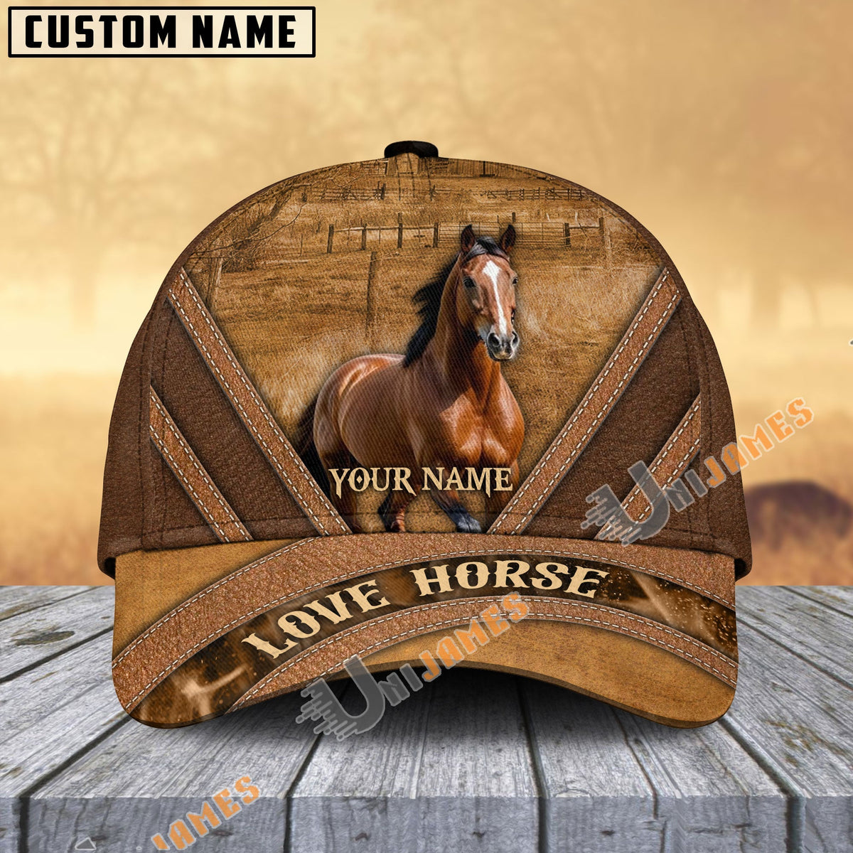 American Quarter Horse Brown Leather Pattern Personalized Name Cap