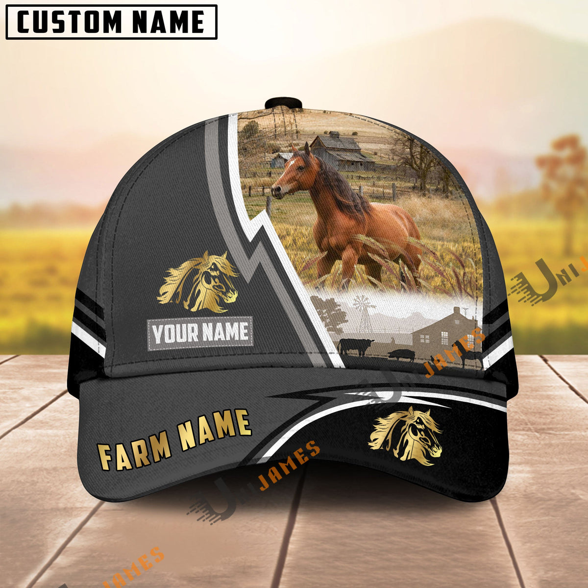 Horse Black White Country Customized Name Brown Leather Pattern Cap