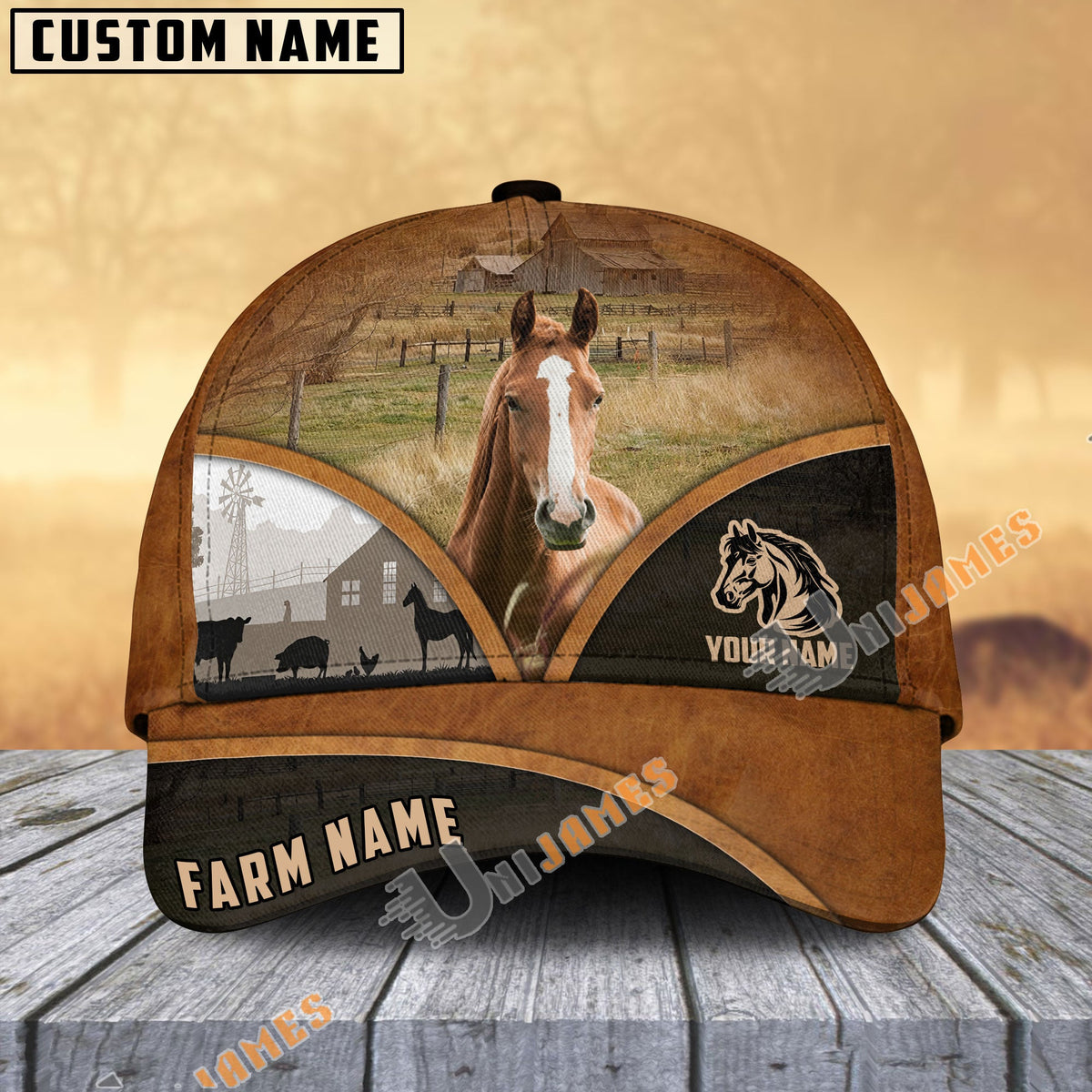 Horse Farm Country Customized Name Brown Leather Pattern Cap