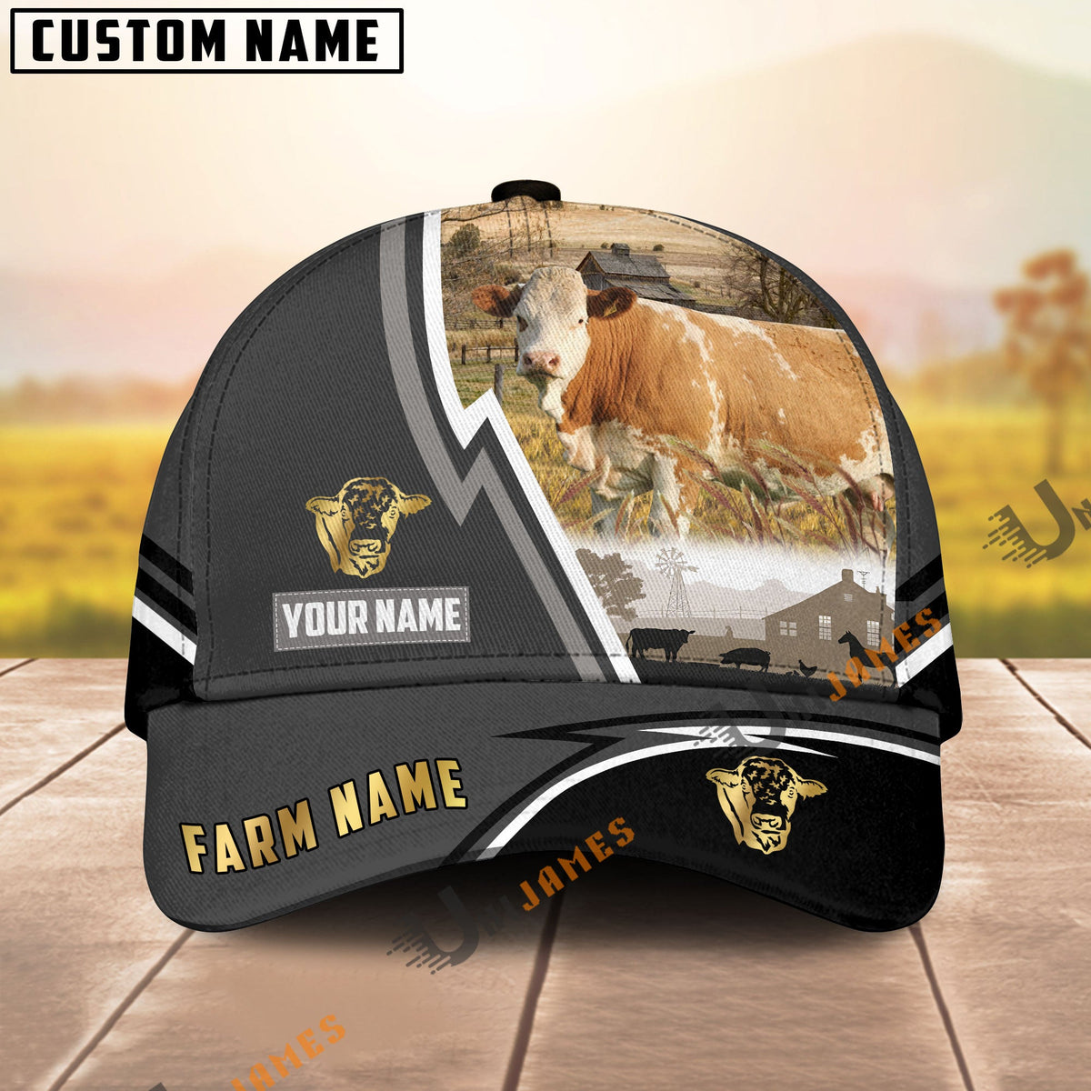 Simmental Black White Country Customized Name Brown Leather Pattern Cap