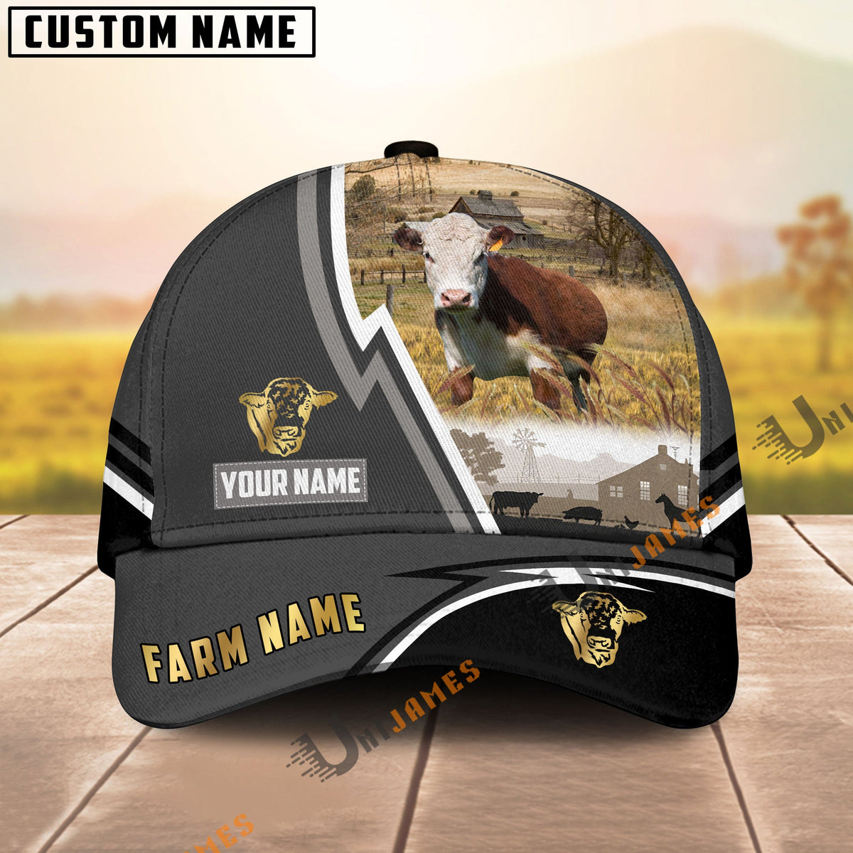 Hereford Black White Country Customized Name Brown Leather Pattern Cap