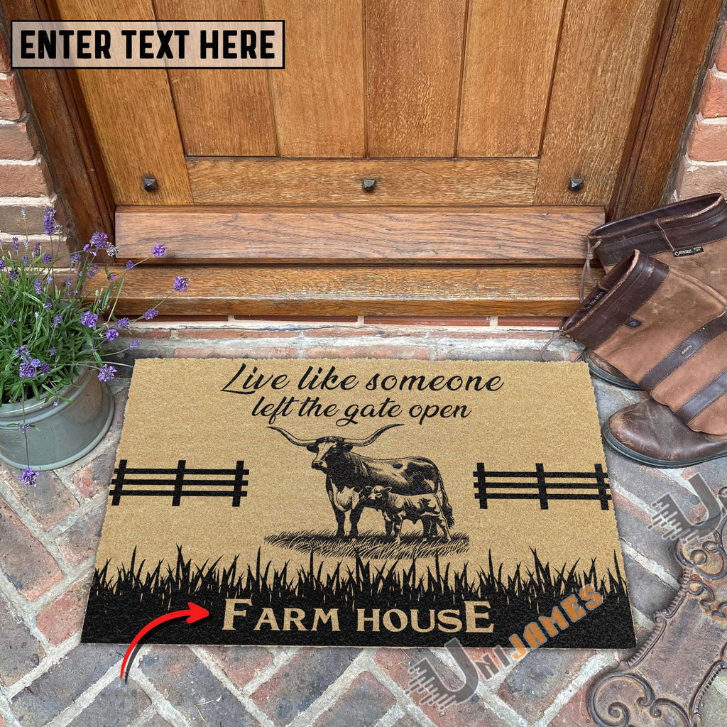 Texas Longhorn Custom Farm Name Live Like Someone Left The Gate Open Coir Doormat
