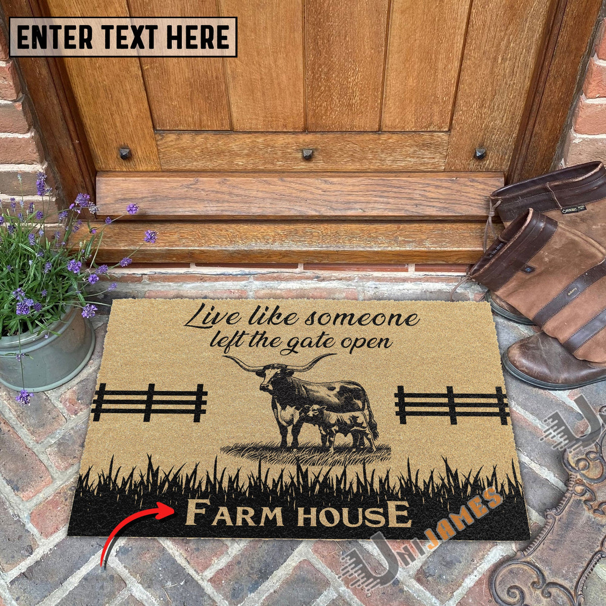 Texas Longhorn Custom Farm Name Live Like Someone Left The Gate Open Coir Doormat