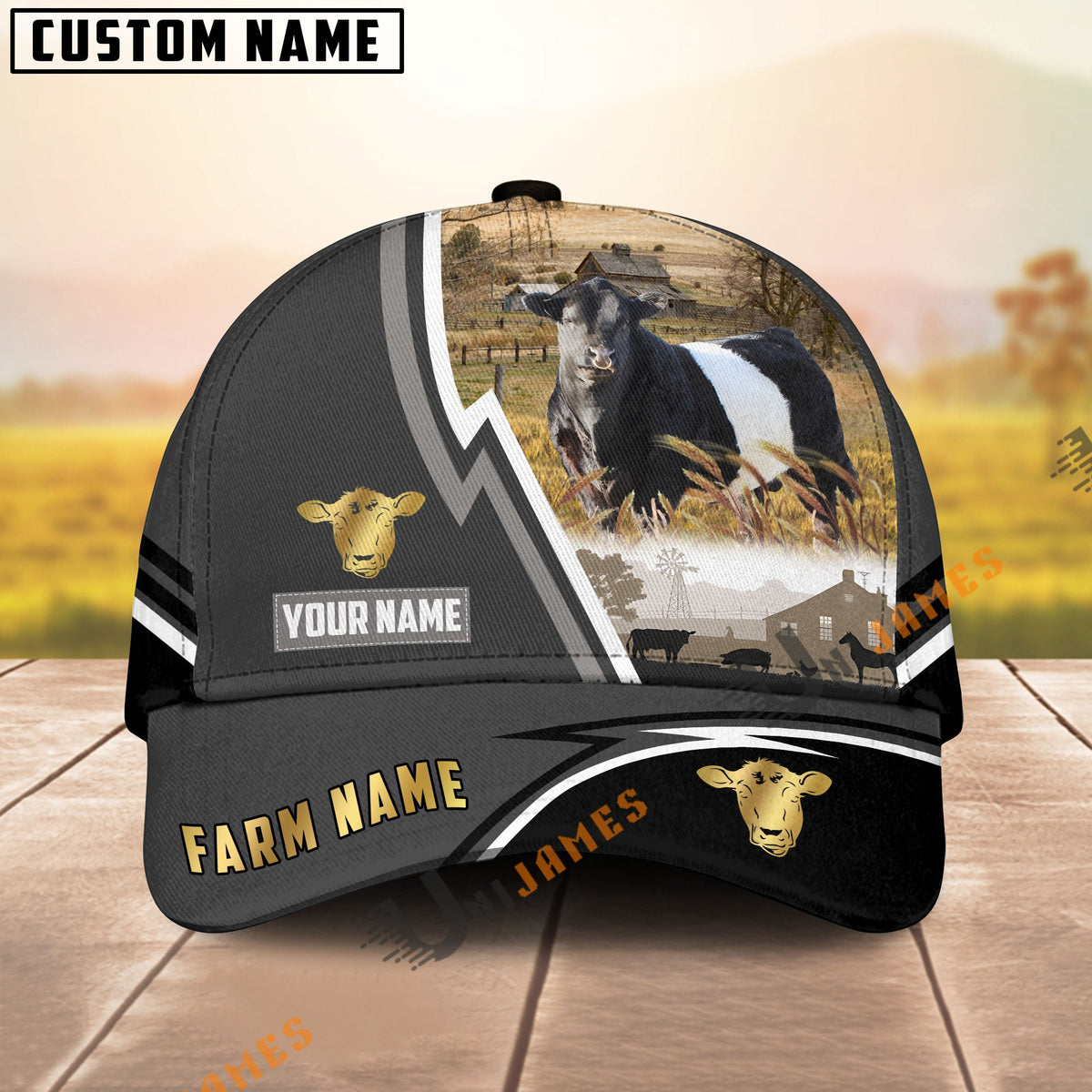 Belted Galloway Black White Country Customized Name Brown Leather Pattern Cap