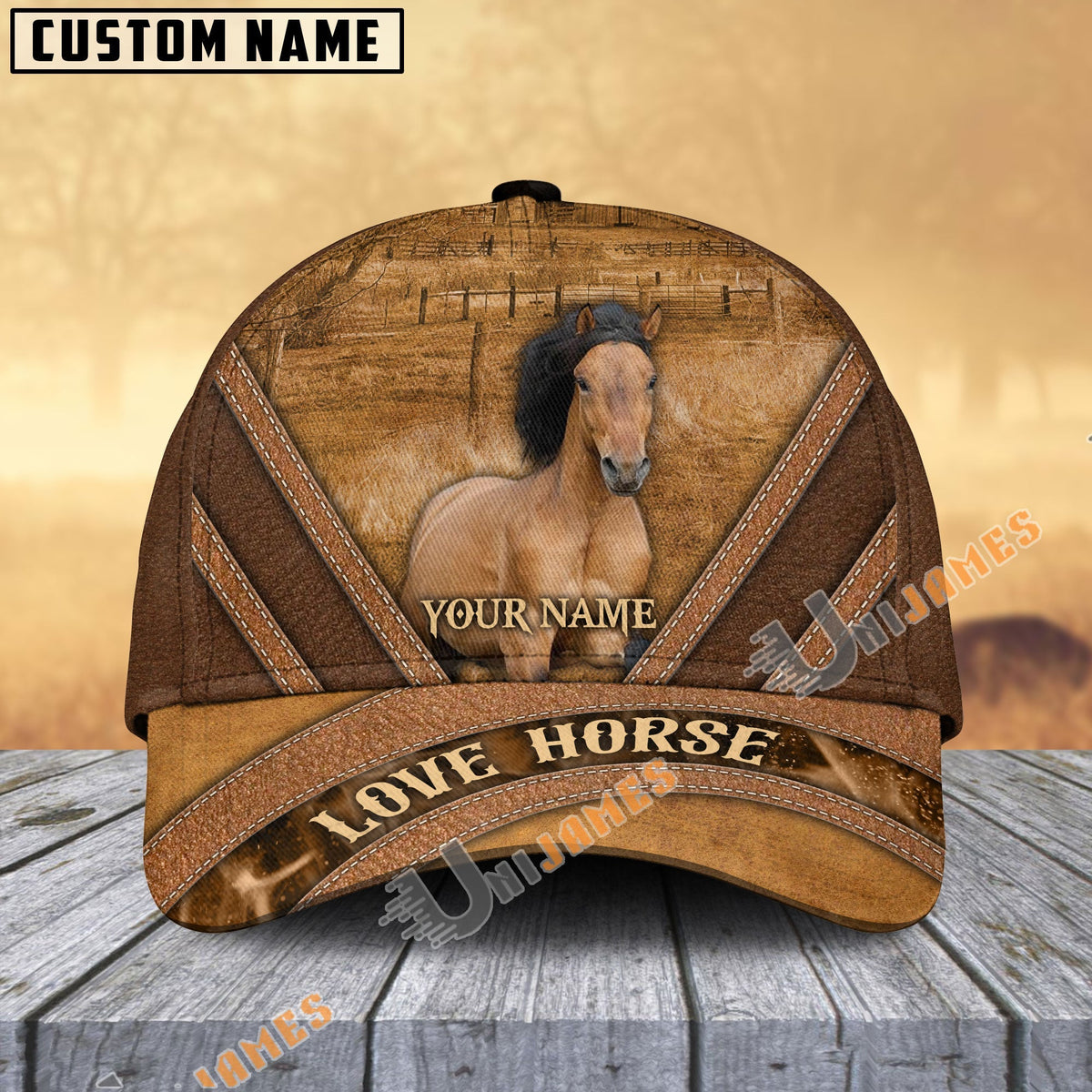 Mustang Horse Brown Leather Pattern Personalized Name Cap