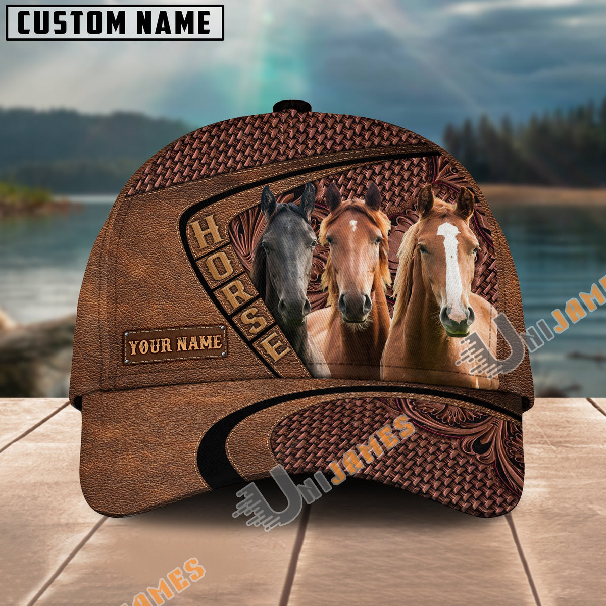 Three Horses Carving Leather Pattern Personalized Name Cap