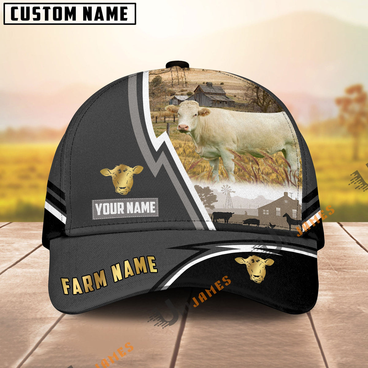 Charolais Black White Country Customized Name Brown Leather Pattern Cap