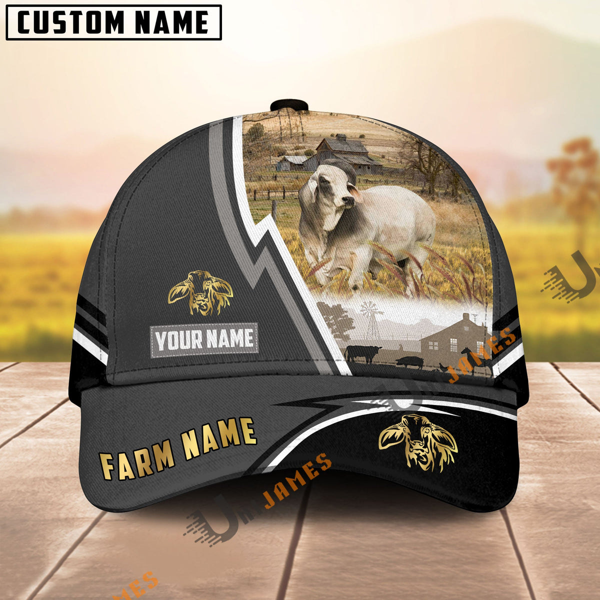 Brahman Black White Country Customized Name Brown Leather Pattern Cap