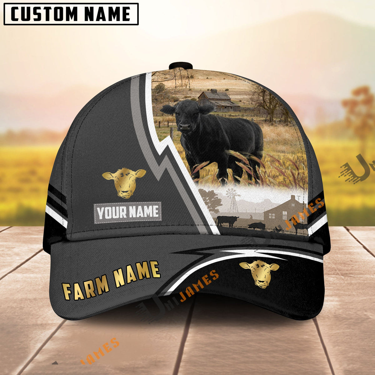 Black Angus Black White Country Customized Name Brown Leather Pattern Cap