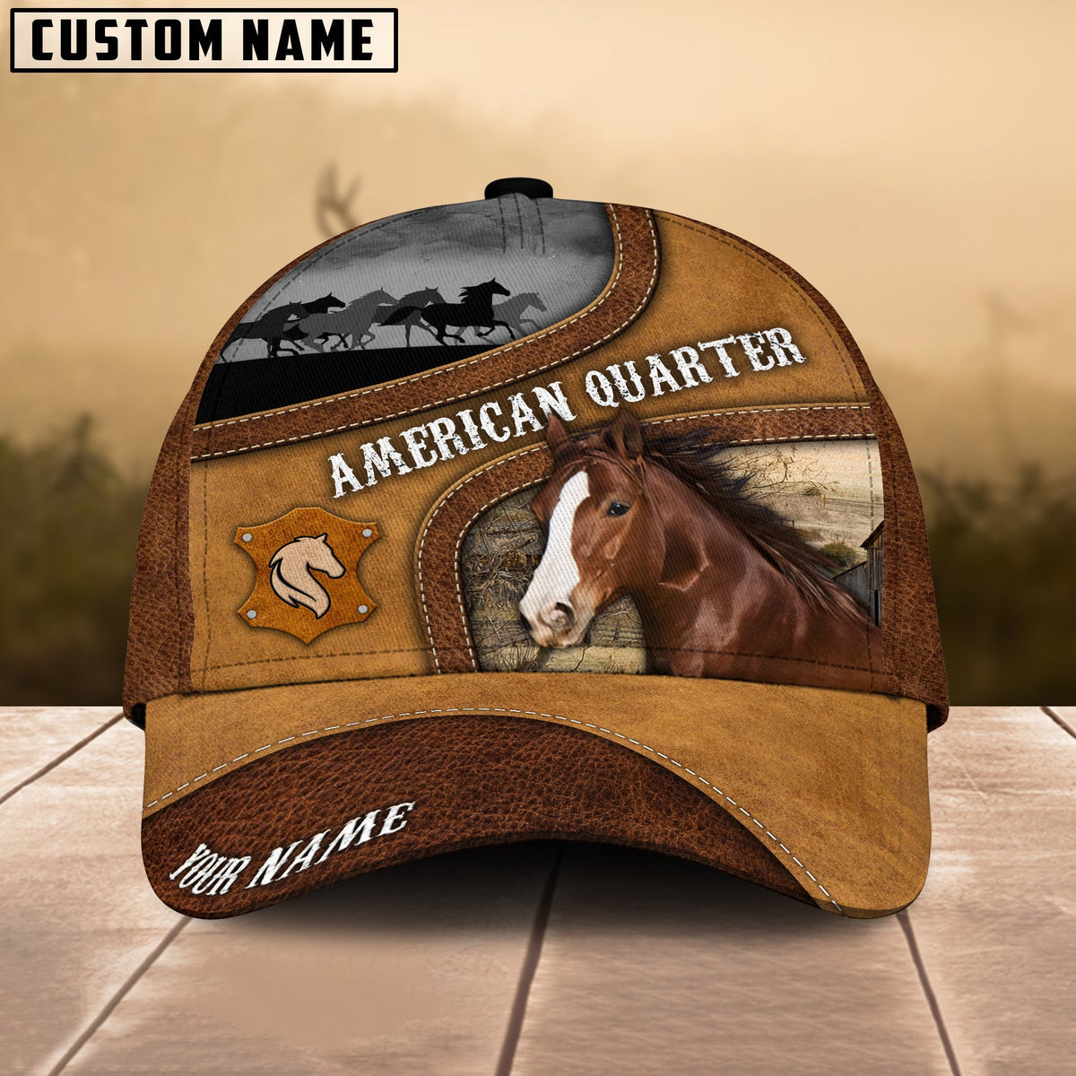 American Quarter Horse Brown Curved Leather Pattern Personalized Name Cap